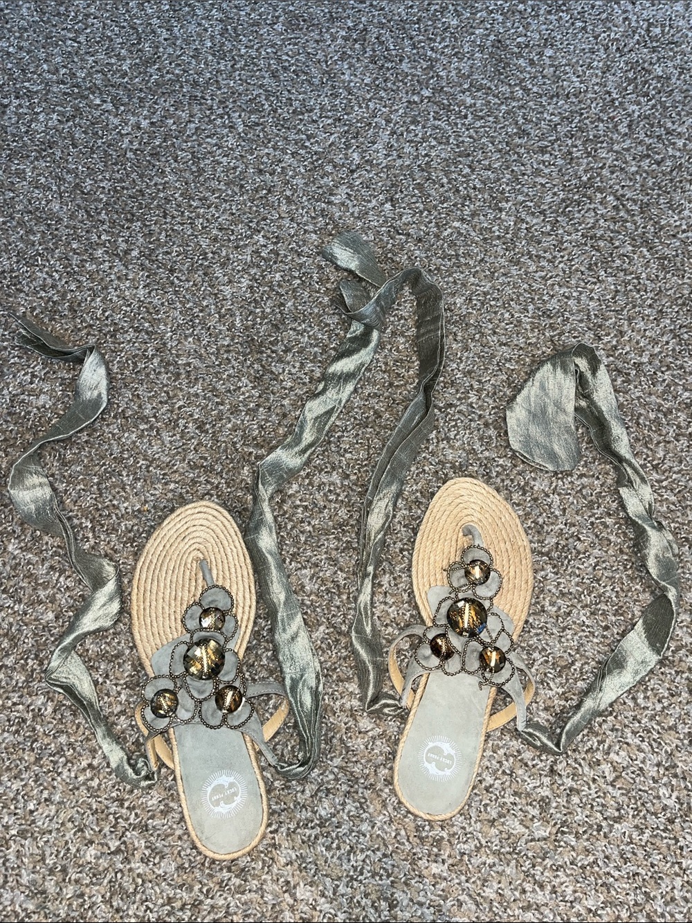 LUCKY PENNY Vintage Gray/Olive Green Lace-Up Beaded Slide Sandals